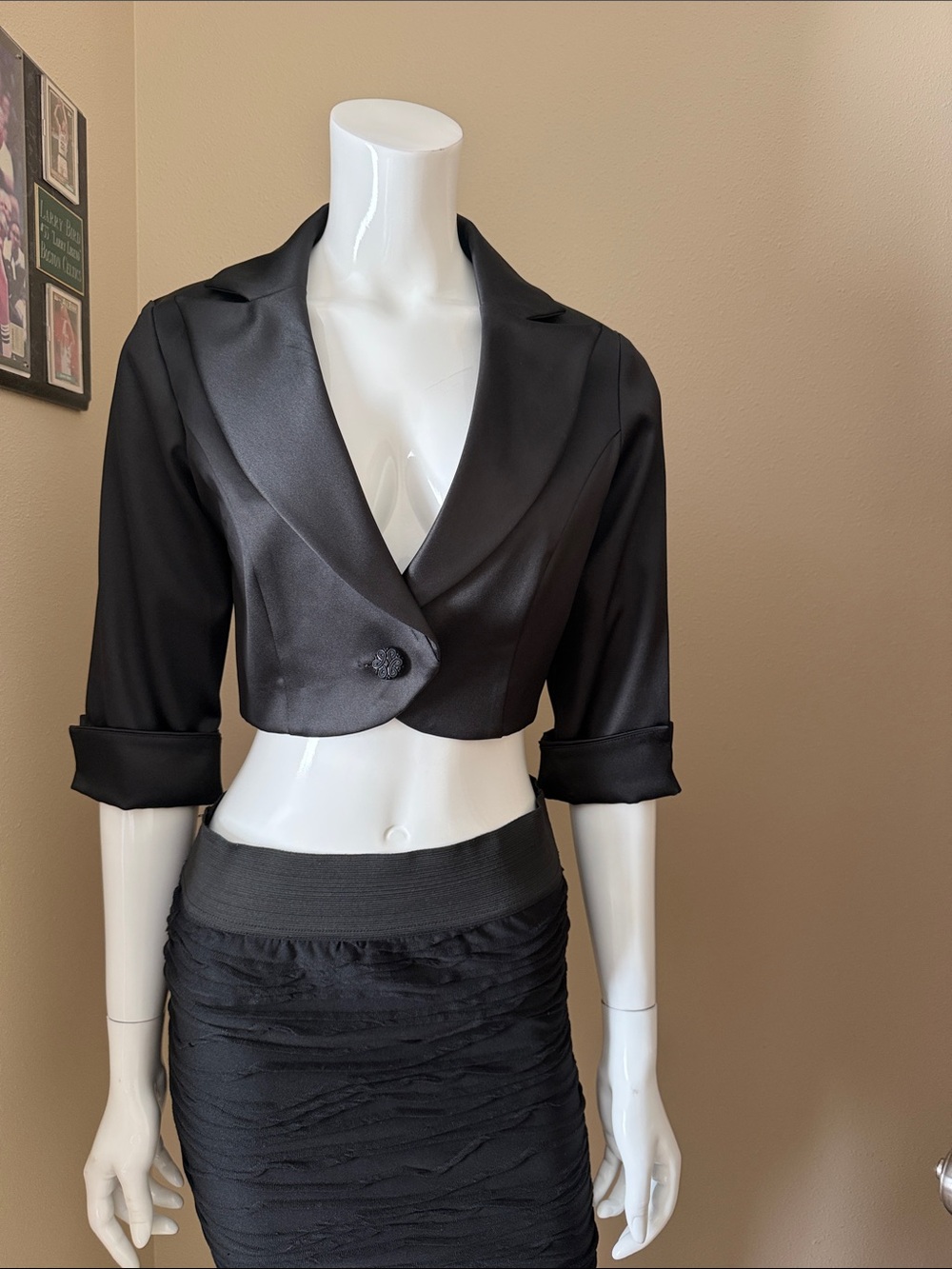 Black Satin Cropped Blazer - Chic Evening Jacket, size S